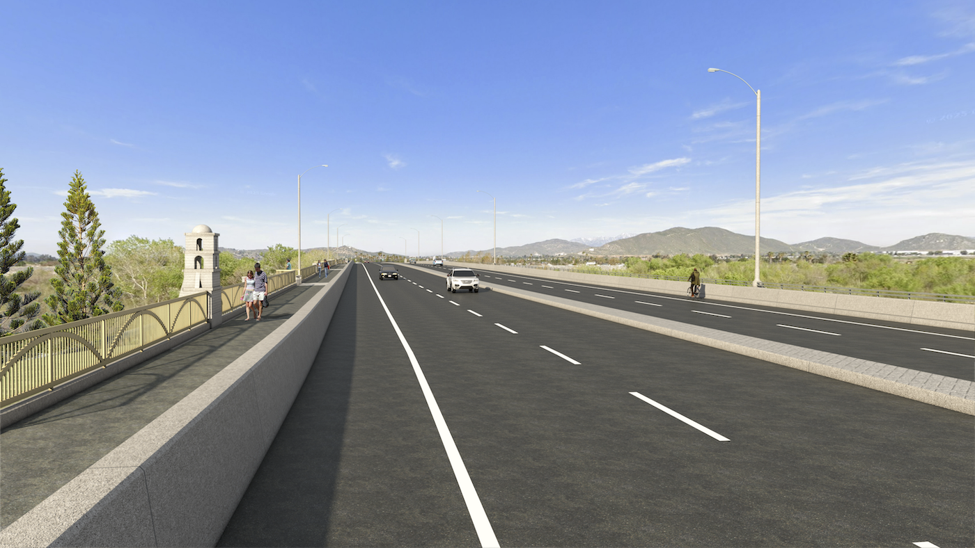 Rendering Road View | 
The reconstructed bridge features structural, seismic, and hydraulic state-of-the art design to meet current bridge standards. The new 1,100-foot-long bridge includes two traffic lanes with shoulders in each direction, a concrete center median, and a multi-purpose trail separated from traffic along the south side. Can this be a pop-up when you hover over the rendering with the button “about the bridge"